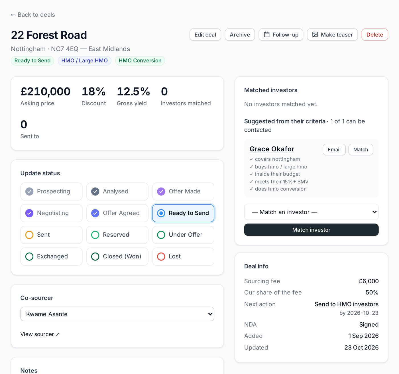 A deal page showing a suggested investor with the reasons they match