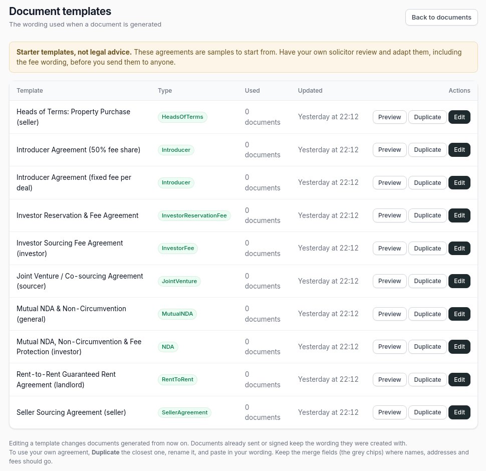 Document templates: NDA, introducer, seller and reservation fee agreements