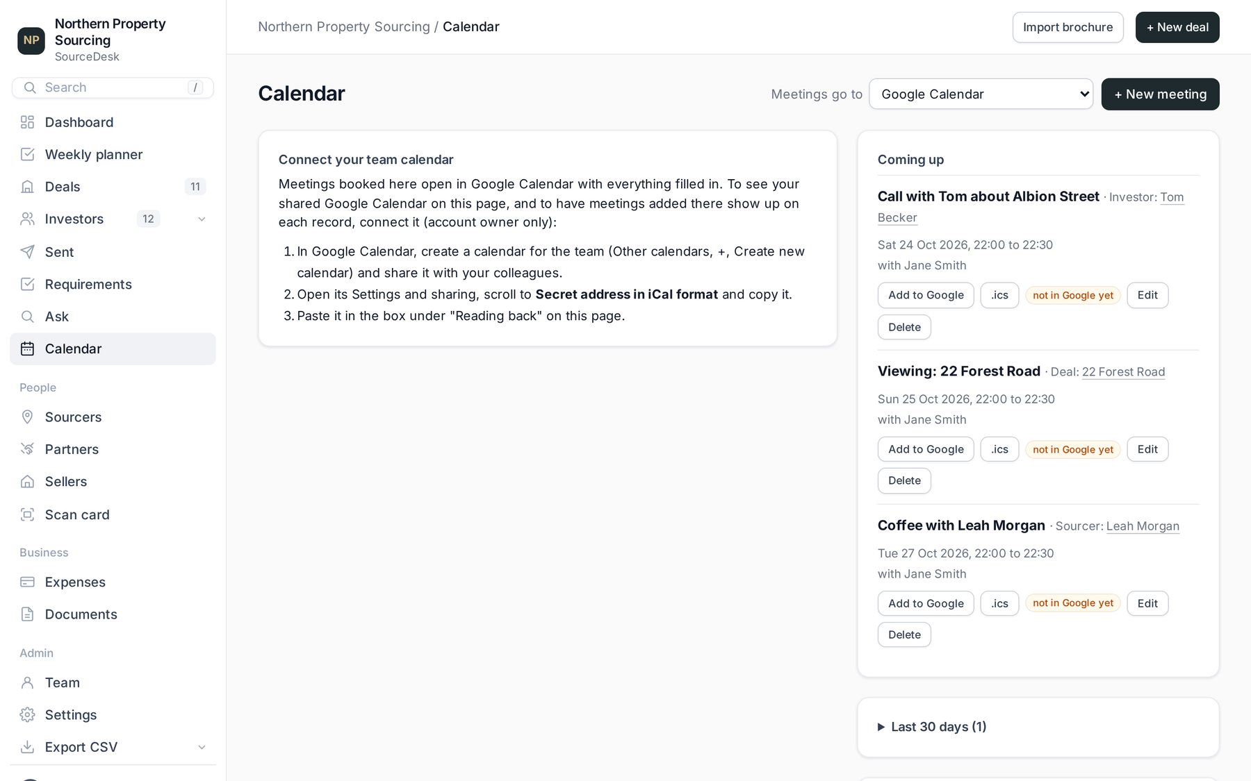 The calendar page with upcoming meetings and Add to Google buttons
