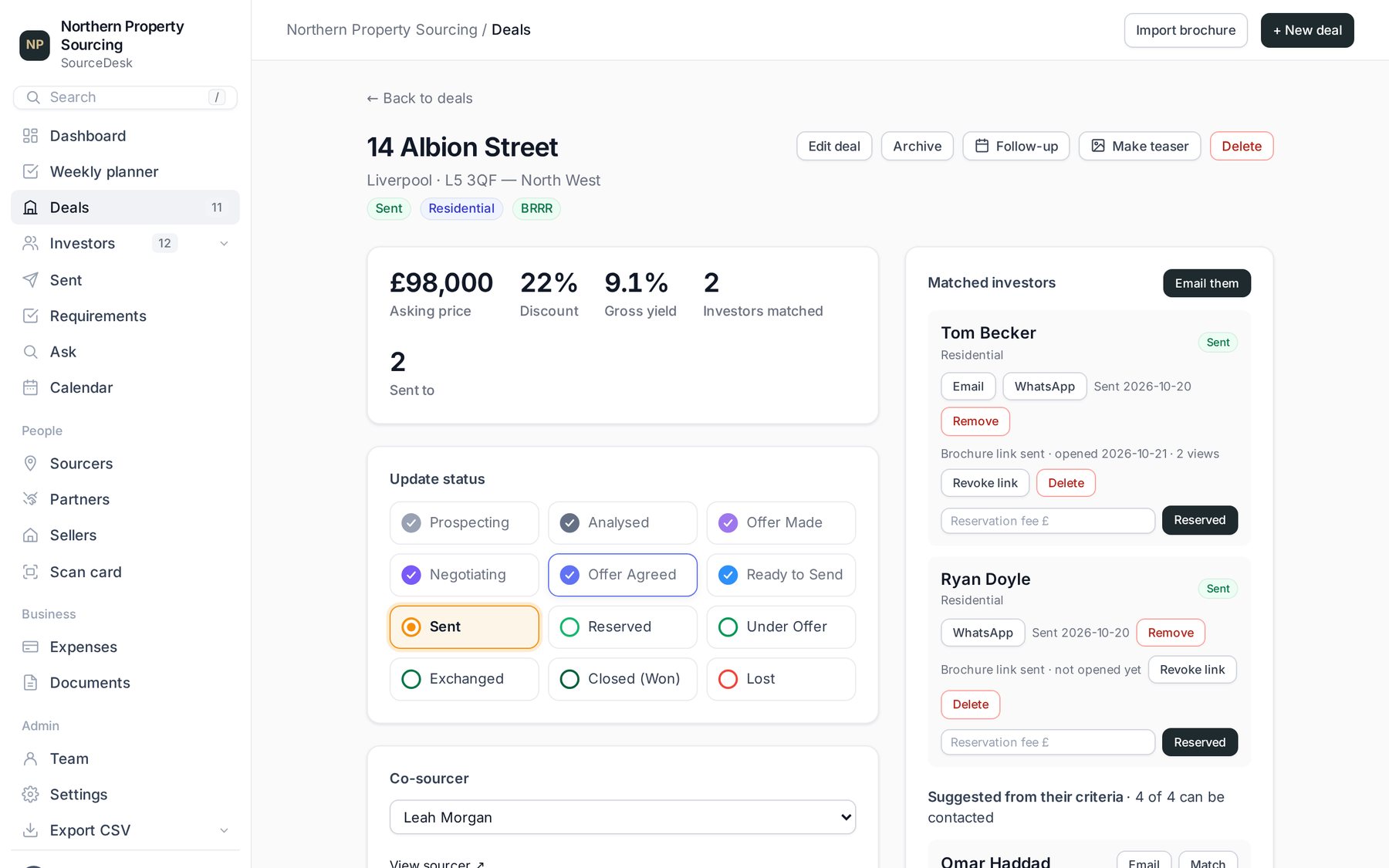A deal page with matched investors