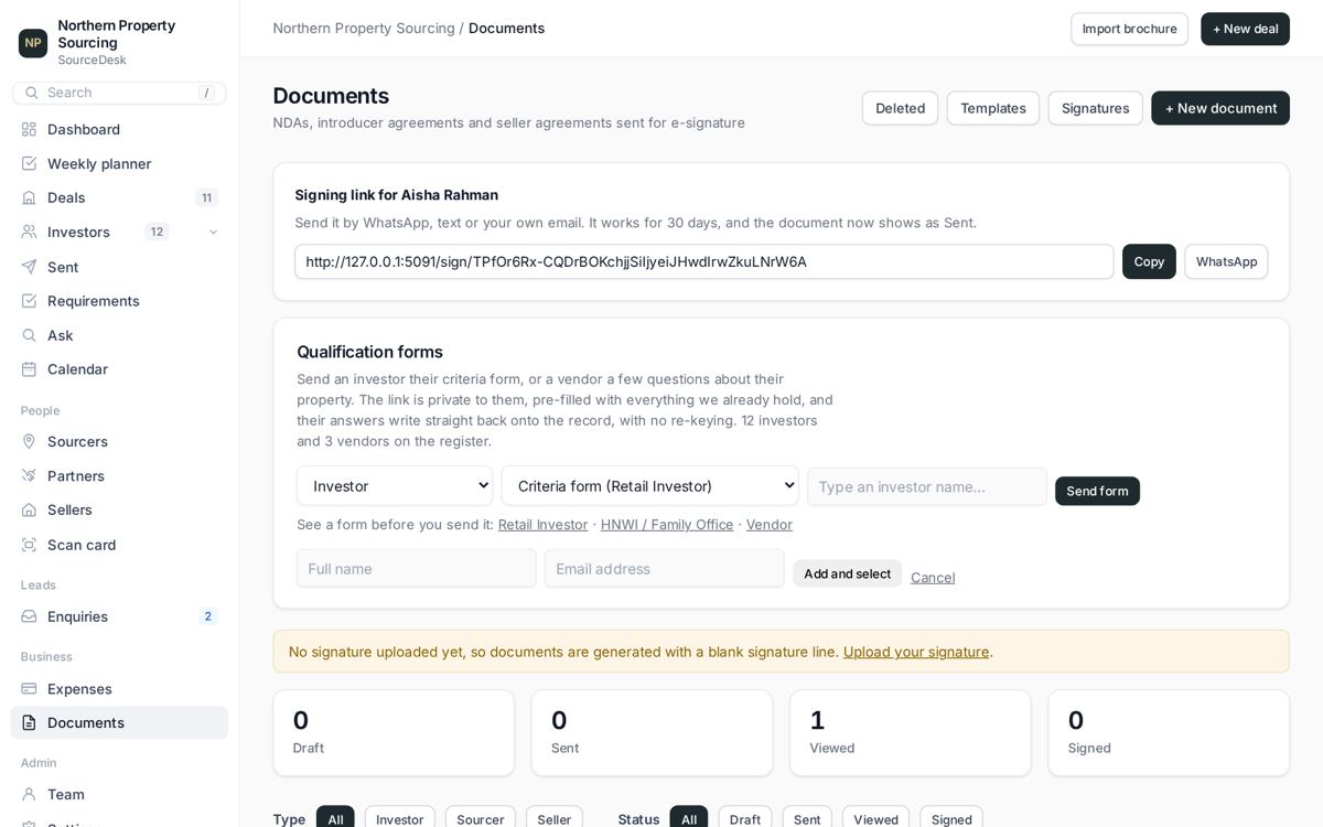 The signing link with Copy and WhatsApp buttons
