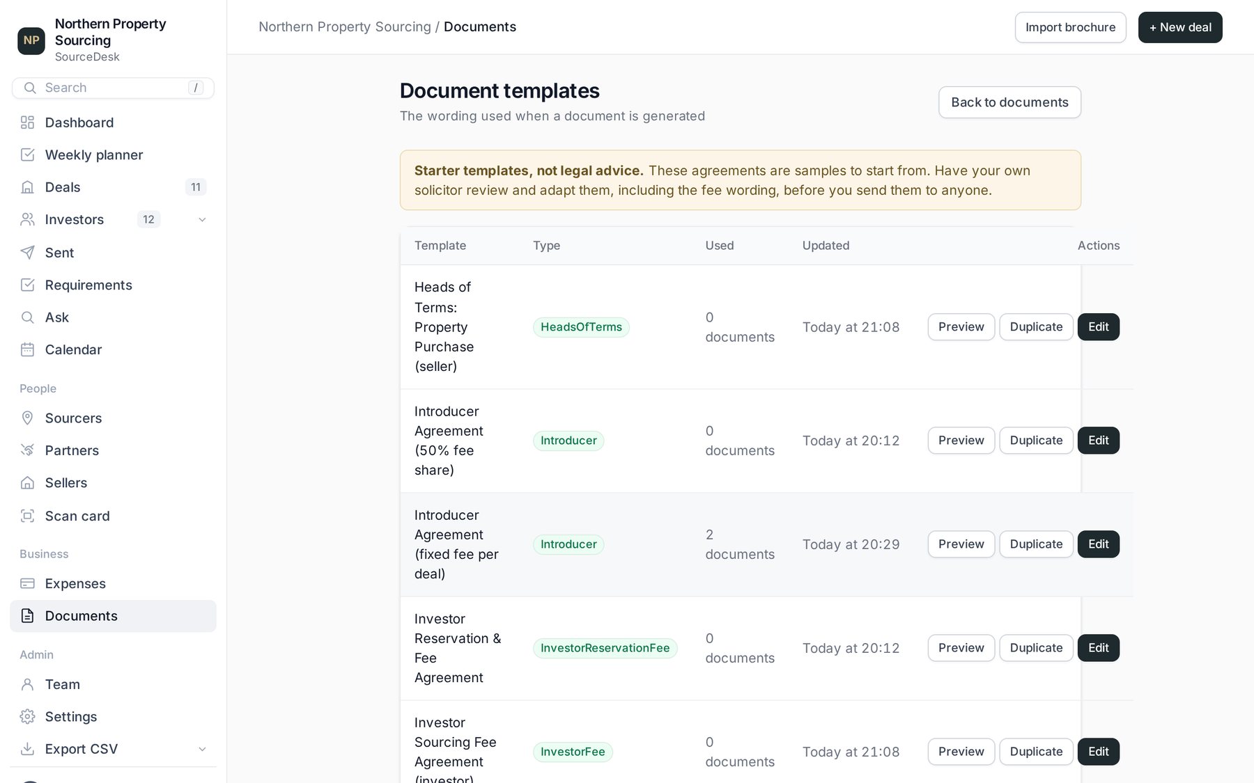The document templates list with Preview, Duplicate and Edit buttons