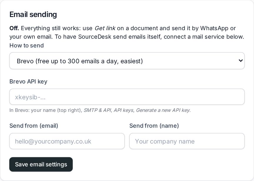 Email sending settings with Brevo chosen