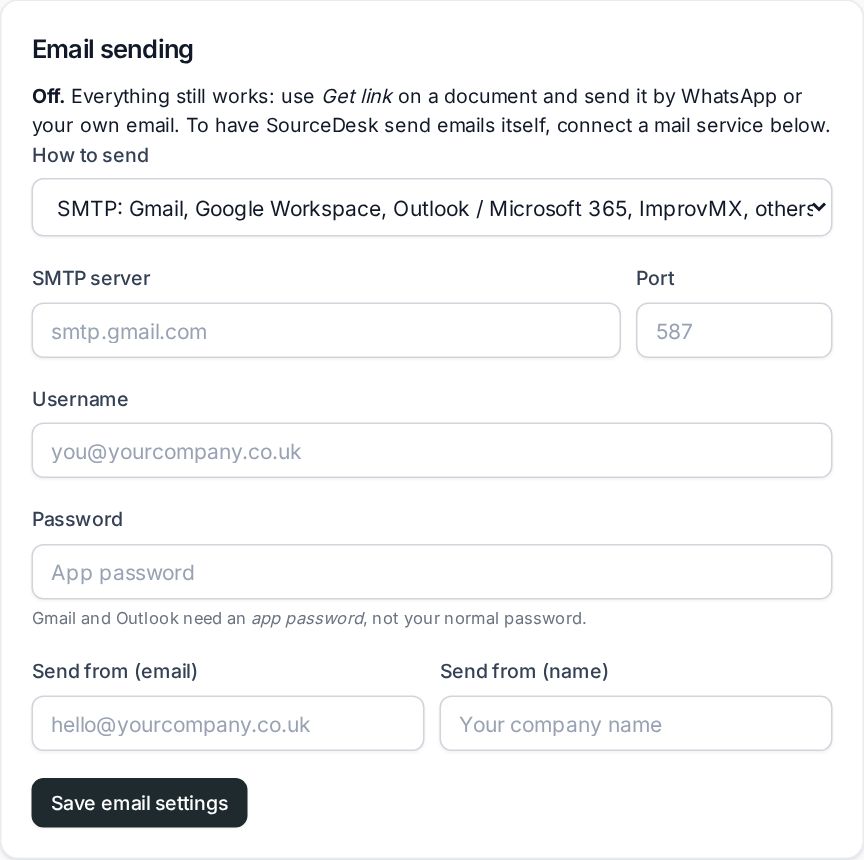 Email sending settings with SMTP chosen