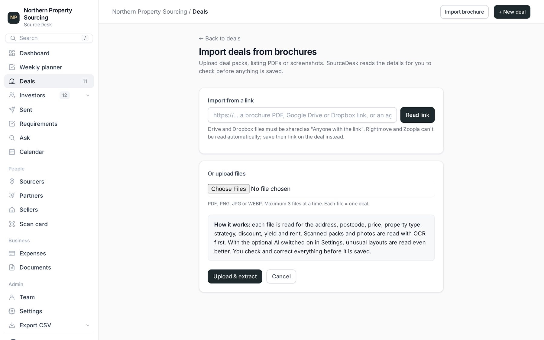 The import page with a link box and a file upload box