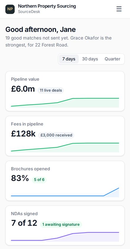 SourceDesk dashboard on a phone