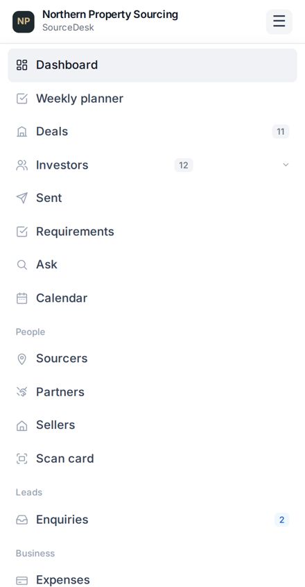The SourceDesk menu open on a phone