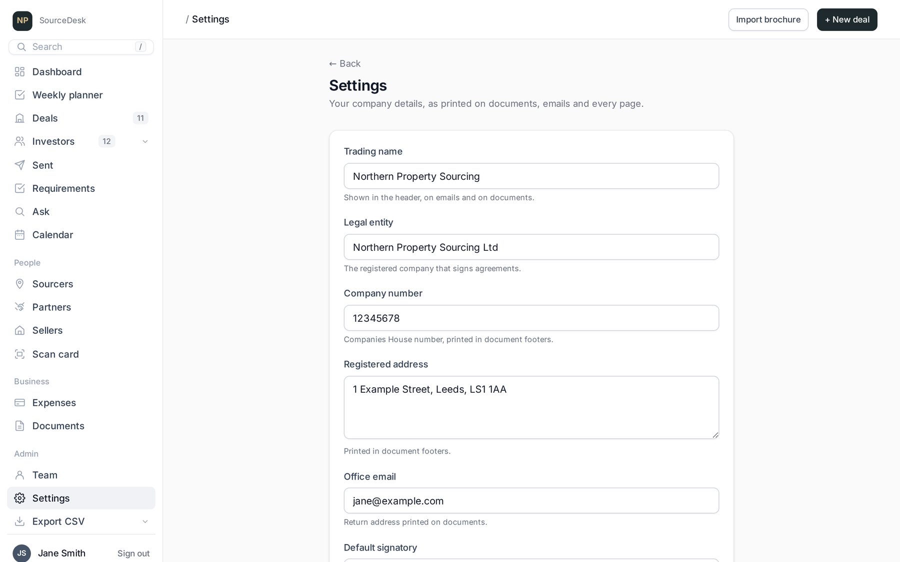 The settings page