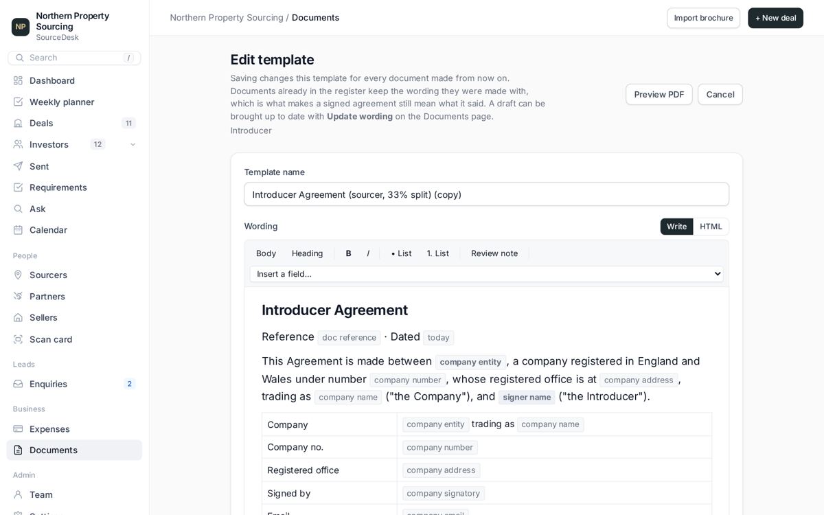 Editing a template's wording with merge fields